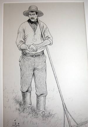 Dessin à l'encre noire sur papier, d'Edmond Massicotte, représentant un paysan avec son chapeau de paille et son rateau, collection du Musée de Lachine.